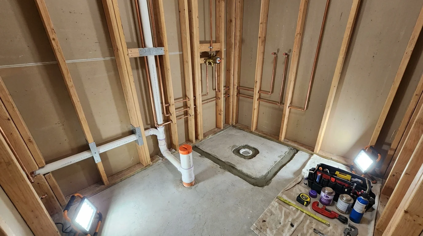 Bathroom rough-in plumbing during remodel by Johns Plumbing LLC in Manchester