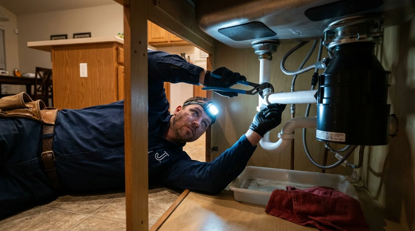 P-trap and supply line connections under a kitchen sink showing a common leak point in Manchester, KY
